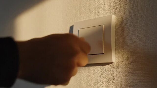 Video of light switch turning on with instant illumination effect in modern interior setting, electricity, energy concept, home automation and smart living theme for residential design and technology