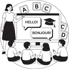 Teacher instructing diverse students in foreign language class online with digital tools and alphabet blocks with language learning © msmdesign