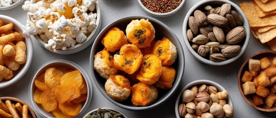 Obraz premium A bowl filled with different snacks placed on a grey surface with space available for text and design elements