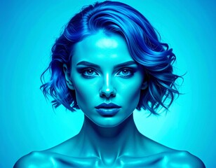 Alluring Woman with Blue Dyed Hair and Glowing Skin in Studio Lighting