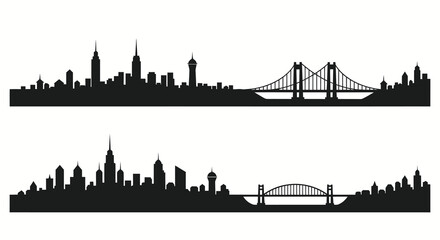 Obraz premium City Skyline Silhouette with Bridges, Buildings, Sun, Vector Art