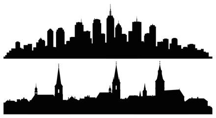 Fototapeta premium Black White Cityscape Silhouettes: Modern Skyscrapers and Church Spires