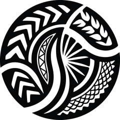 Dynamic maori circle design showcasing swirling tribal elements combined with sunburst rays and fish scale textures for ethnic aesthetics use. © Munna_SH