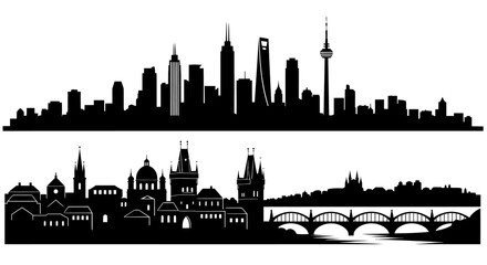 Naklejka premium Black and White Skyline Silhouettes of Modern and Historic Cityscapes
