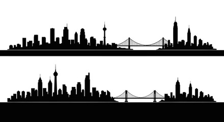 Obraz premium Black and White Skyline Silhouettes of City Buildings and Bridges