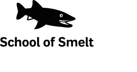 Black cartoon shark illustration with open mouth and text below