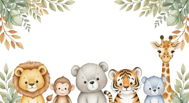 Cute Jungle Animals Border - Lion, Monkey, Bear, Tiger, Giraffe, Baby Animals