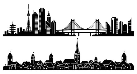 Naklejka premium Black and White Silhouette Skylines: Modern City vs. Historic Town Vector