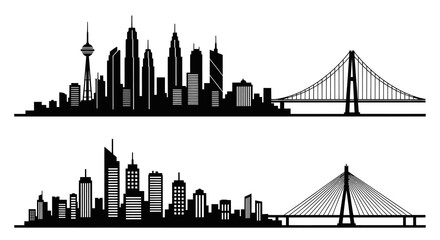 Fototapeta premium Black White Skyline and Cable-Stayed Bridge Cityscape Vector Art
