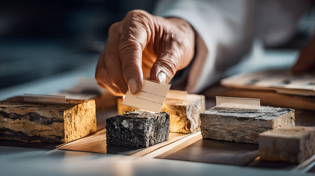 Hand placing sample label on rock core for carbon storage geology study, detailed close up of textured cores