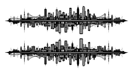 Obraz premium Black and White Skyline Silhouette with Bridges and Reflections, Urban Art