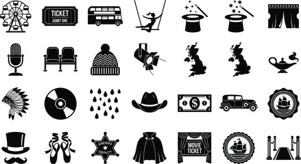 Vintage entertainment and theater icon set with circus magic ticket stage performance symbols retro silhouette vector illustration collection © Mohammad