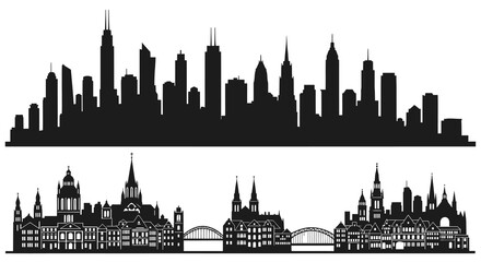 Naklejka premium Black and White Skyline Silhouette of Modern Skyscrapers and Historic Buildings