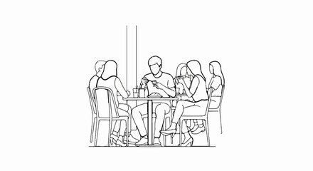 Obraz premium People gathered at tables, enjoying meals and conversation in a simple line drawing