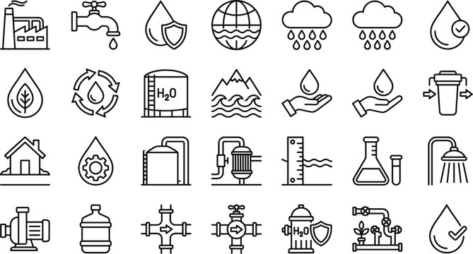 Water supply and environmental line icon set with purification pipeline rain recycling symbols minimal outline vector illustration collection