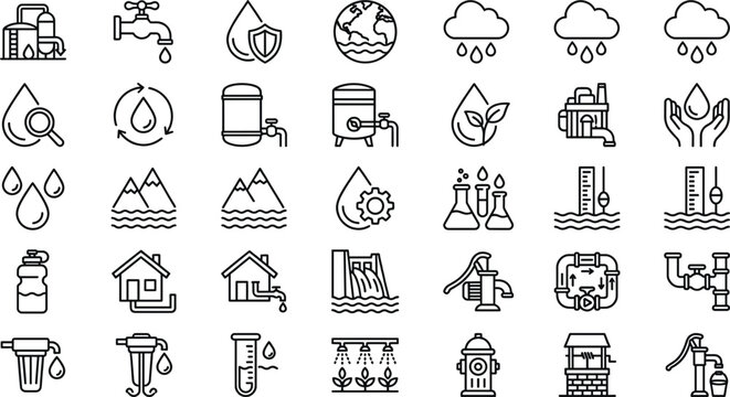 Water supply and environmental management line icon set with purification recycling rain pipeline symbols minimal outline vector illustration