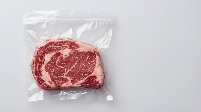 Raw ribeye steak in vacuum sealed plastic bag. Premium cut of beef for sous vide cooking. Fresh meat package for retail distribution with copy space on grey background for culinary art.
