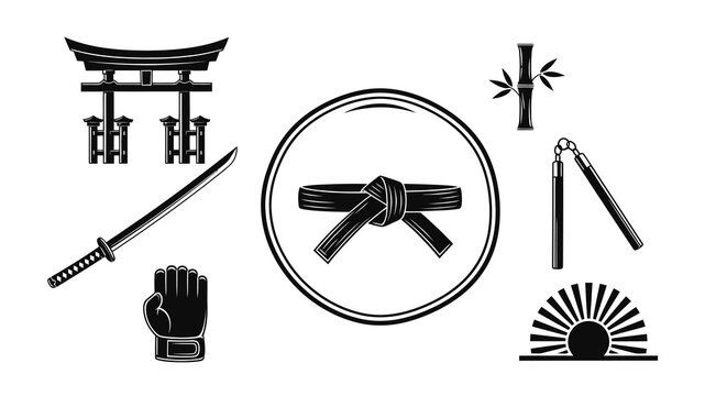 Black and White Martial Arts Icons: Torii Gate, Katana, Belt, Nunchucks