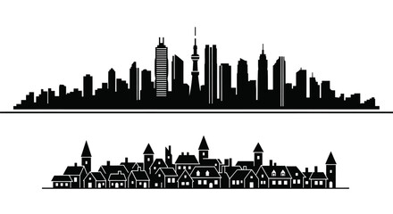 Obraz premium Black White Skyline Silhouettes: Modern City Old Town Architecture