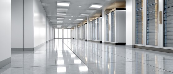 Fototapeta premium Room features empty server racks with blue lights, showing modern technology and data storage in a sleek environment