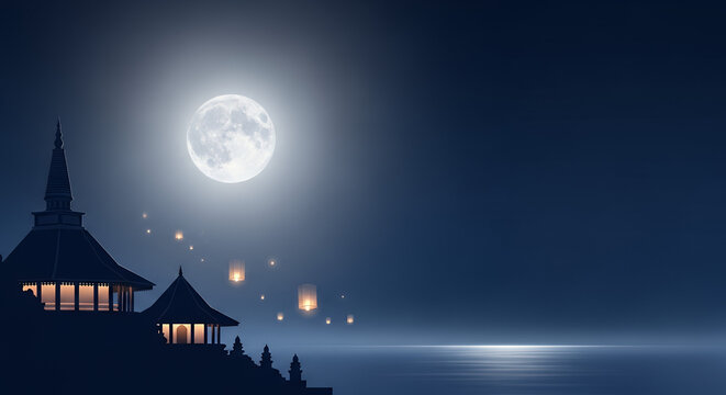 Poson Poya, serene moonlight gradient from silver to deep blue, glowing Buddhist temple silhouette under full moon on the left 