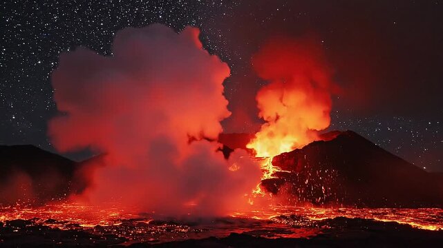 Fiery Volcano Eruption Under Starry Night Sky With Molten Lava Flowing