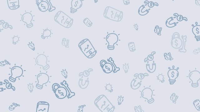 Scattered doodles of lightbulbs, cellphones, magnets, and cartoon icons. Suitable for tech or brainstorming concept designs.