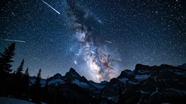 A breathtaking landscape of the starry night sky over winter mountains featuring a luminous aurora borealis and distant galaxy clouds across the dark blue universe