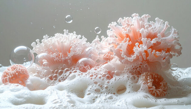 Abstract coral like forms surrounded by bubbles in neutral light