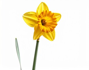 Isolated Yellow Daffodil Flower on White Background with Green Stem and Leaf