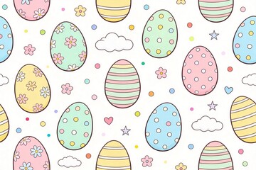 Colorful Easter egg pattern illustration featuring pastel shades, floral designs, and playful elements like clouds and stars on a white background
