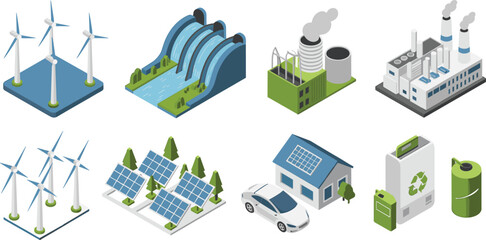 Renewable energy and sustainable power generation concept, wind turbines, solar panels, hydropower dam, battery storage, eco friendly electricity production