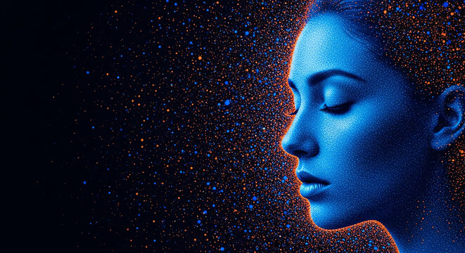 Woman face profile with glowing particles