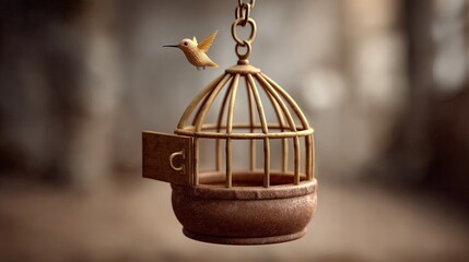 Fototapeta premium A small hummingbird flies from an empty cage in a soft lit space with minimal background and vintage effect