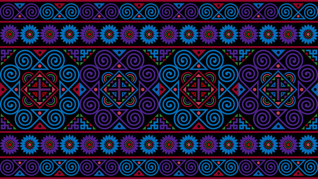 Hmong fabric patterns feature intertwined curved lines forming spirals, a unique symbol of the Hmong ethnic group. These patterns can be used in the design of clothing, bags, backgrounds, wallpapers, 