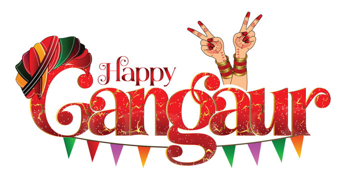 Happy Gangaur Festival Rajasthan Traditional Indian Folk Typography with Mehendi Hands Turban Pagdi Isar Gauri Celebration Vector Illustration