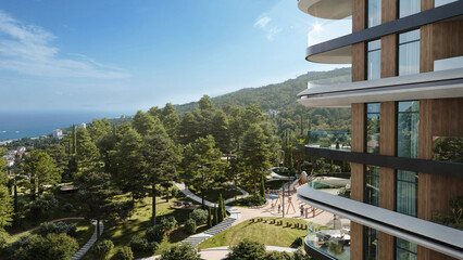 Modern residential complex surrounded by forest landscape with sea view. Contemporary architecture integrating luxury apartments with nature. © Alexuans