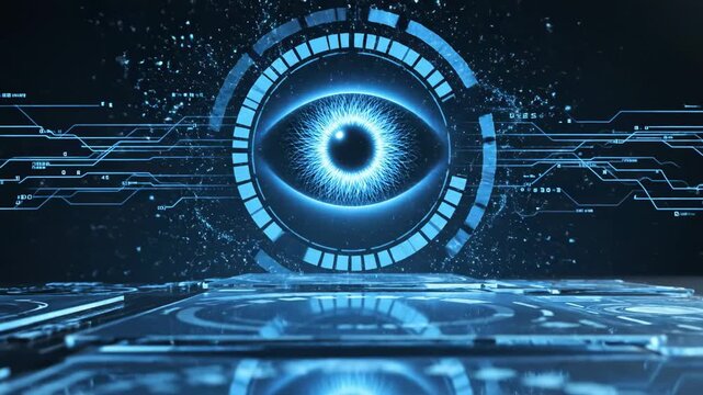 Video of abstract retinal recognition display forming luminous circular pattern, digital authentication animation, AI powered security concept for contemporary campaigns.