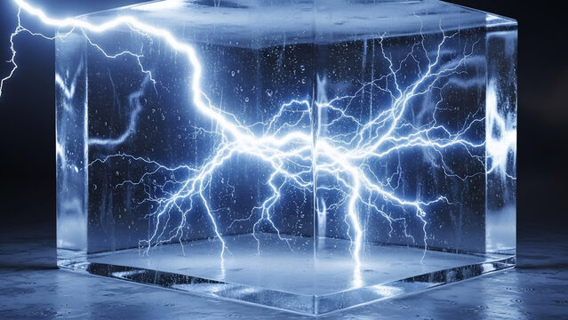 electric storm inside a glass cube with sparks flying around the object