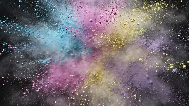 Video of multicolor chalk powder dispersing on dark board, abstract texture animation, artistic pigment cloud concept for school, creativity and workshop promotions.