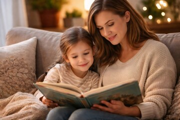 Obraz premium Mother and daughter curled up on a cozy sofa, reading a storybook together at home, sharing a relaxed, loving moment of bonding, learning and childhood storytelling