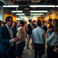 Fototapeta premium Business Gathering: A blurred view of an lively gathering of businesspeople in an office, fostering connections and engagement.
