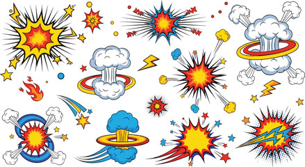 Comic explosion effects collection with cartoon blast clouds lightning bursts fire impacts and dynamic boom elements for comic book action vector illustration set © jafrine
