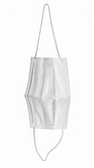 Hanging White Medical Mask with Ear Loops on White Background Still Life