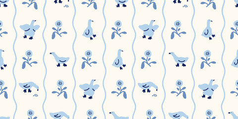Cute hand drawn blue geese and flowers seamless pattern on cream background. Grandmillennial floral texture. Retro-inspired background. © oxygen_8
