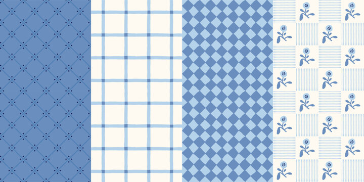 Cobalt blue seamless patterns set with rustic harlequin diamonds, windowpane checks, and dainty flowers. Perfect for high-quality textiles, boutique branding, wallpaper, and stationery projects.