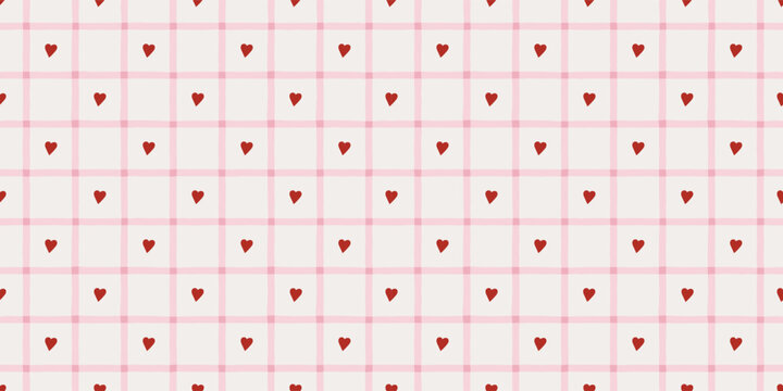 Seamless valentine geometric grid pattern with red hearts on pink and white plaid background