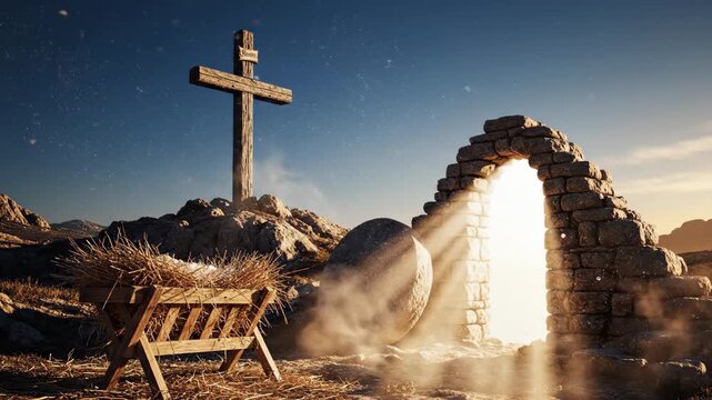 Radiant sunrise over empty tomb with majestic cross in serene winter landscape