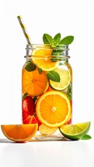 Refreshing Infused Water with Citrus Fruits and Mint on White Background