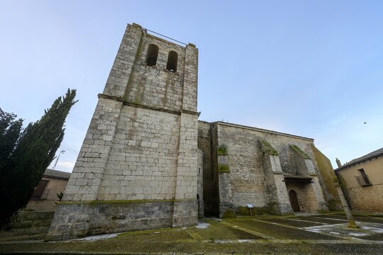 Stone bell tower of San Pedro Apostol Church in Montealegre de Campos, Palencia